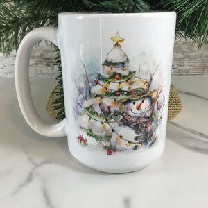 Rustic Snowman with Christmas Tree 15 oz Ceramic Coffee Mug